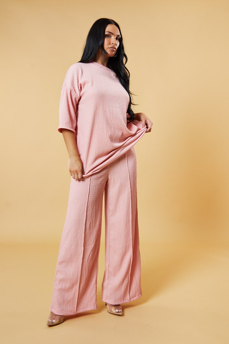Pink Textured Knit Trousers & Oversized Top Co-ord Set - Cecelia - One Size (8 to 14)