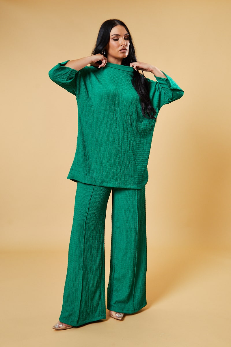 Green Textured Knit Trousers & Oversized Top Co-ord Set - Cecelia - One Size (8 to 14)