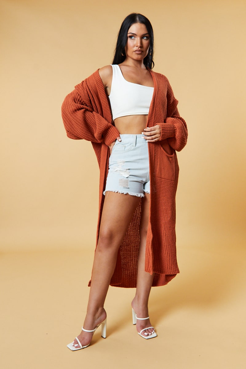 Rust Longline Knit Maxi Cardigan - Ema - One Size