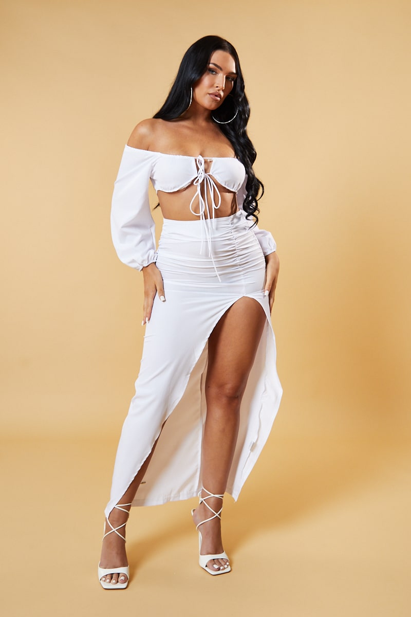 White Bardot Cropped Top & Front Slit Skirt Co-ord Set - Vanika - Size 6