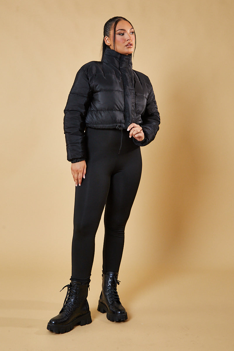 Black High Neck Cropped Puffer Jacket - Mary - Size 12