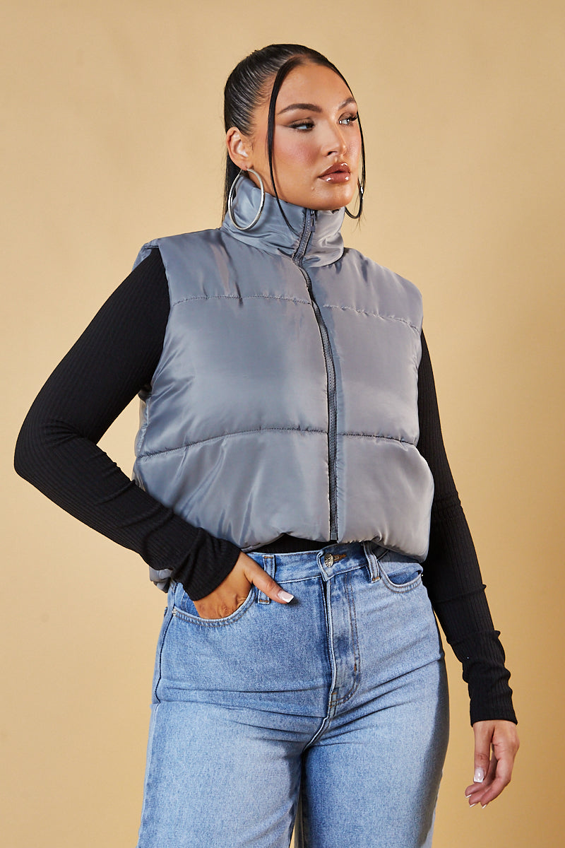 Grey Cropped Puffer Gilet - Zura - Size 8