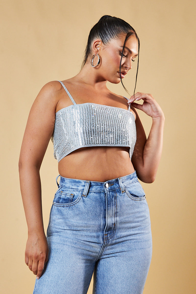 Silver Diamante Detail Cropped Top - Grace - Size 8