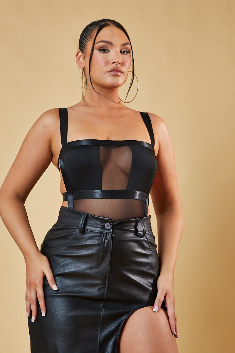 Black Mesh Panel Backless Bodysuit - Jane - Size Black / 12