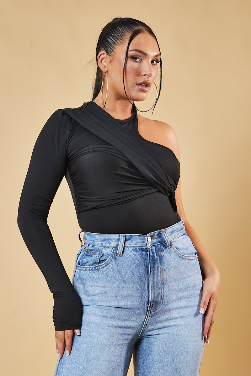 Black One Sleeve Twist Front Bodysuit - Wren - Size Black / 6