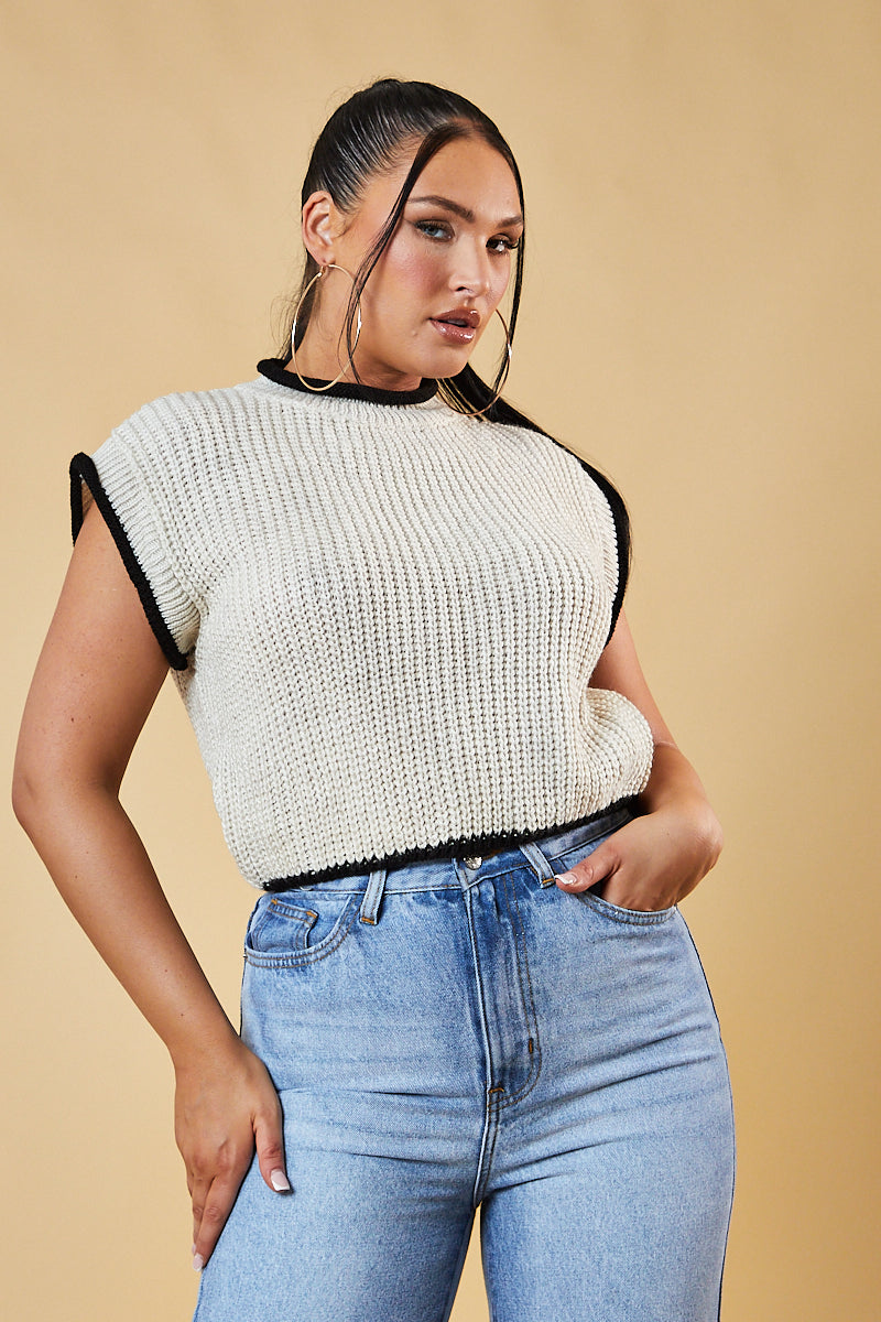 Beige Knitted Contrast Edge Cropped Top - Bethany - Size 12/14