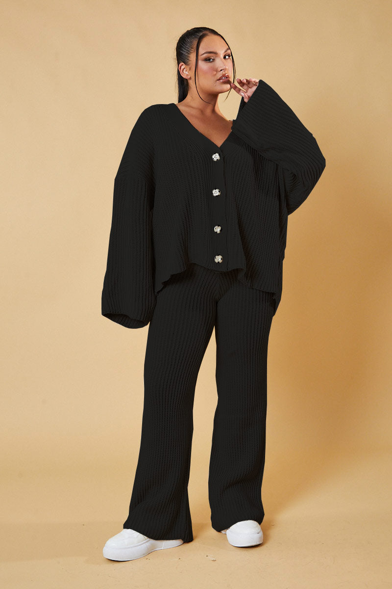 Black Knit Button Up Top & Flared Leg Trouser Co-ord Set - Ellan - One Size