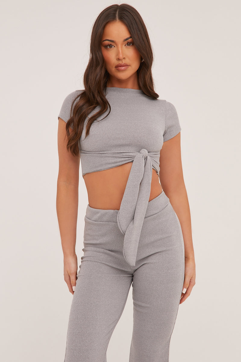 Grey Tie Front Cropped Top & Trousers Co-ord Set - Penney - Size S/M