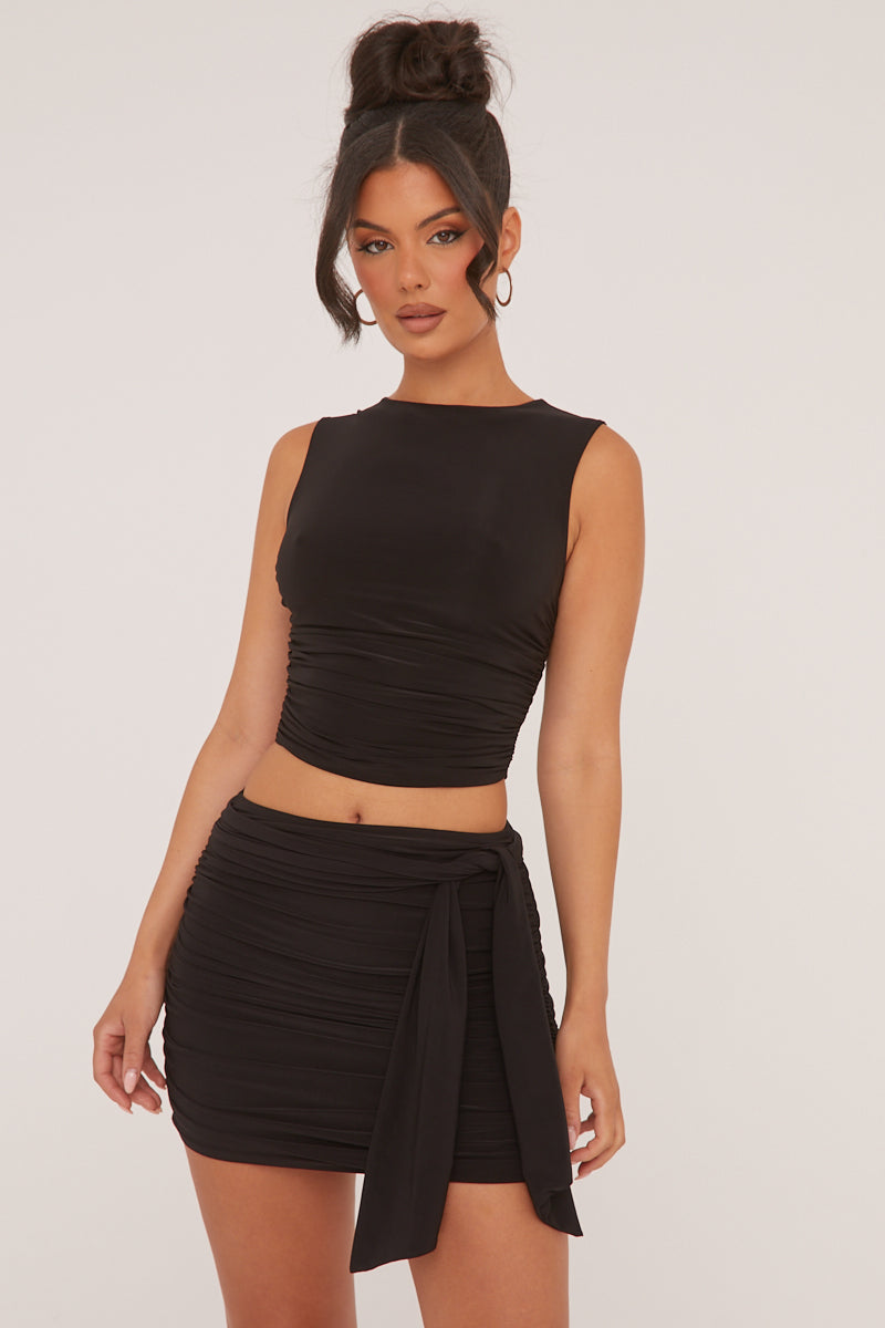 Black Ruched Sleeveless Cropped Top & Mini Skirt Co-ord Set - Hallie - Size 12