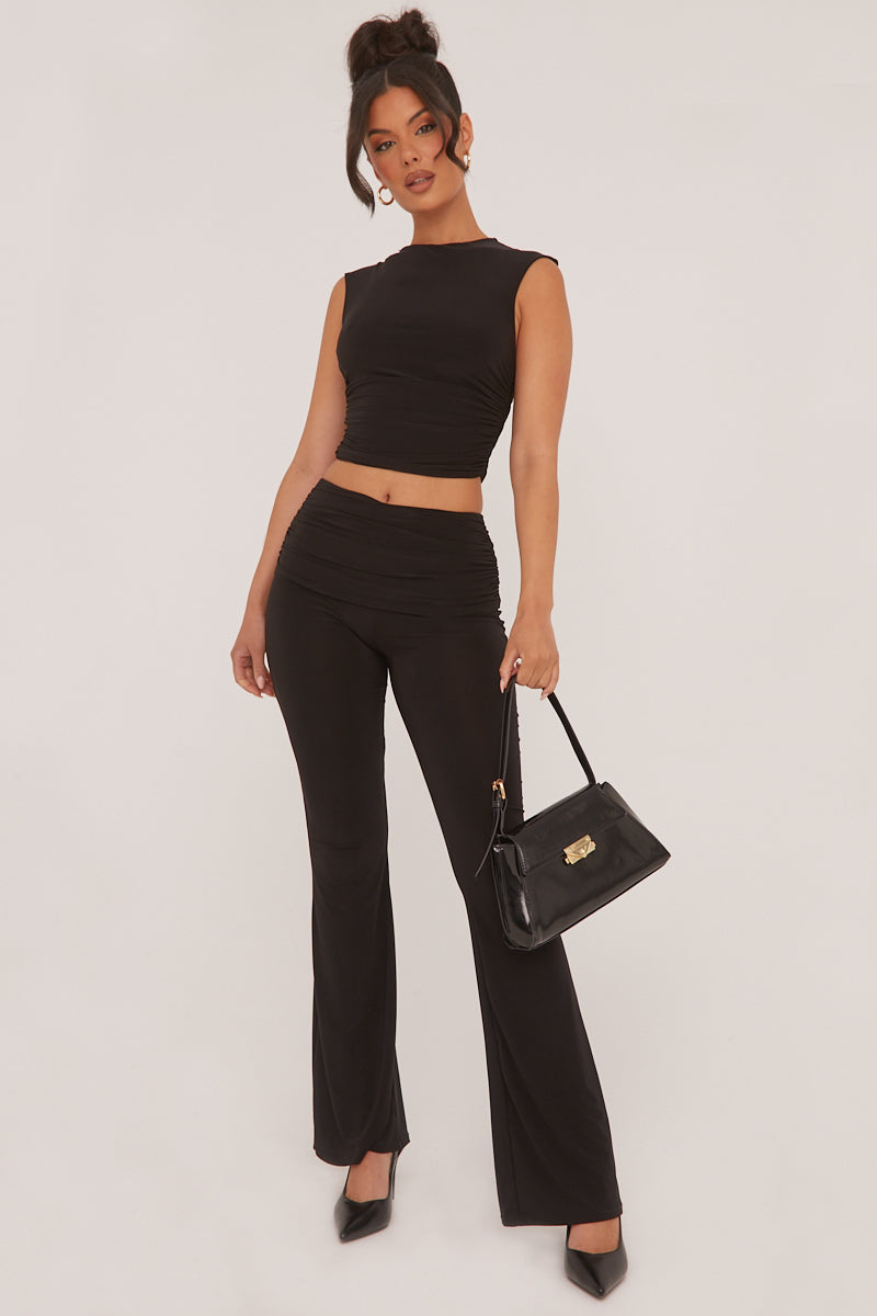 Black Ruched Cropped Top & Trousers Co-ord Set - Edie - Size 10