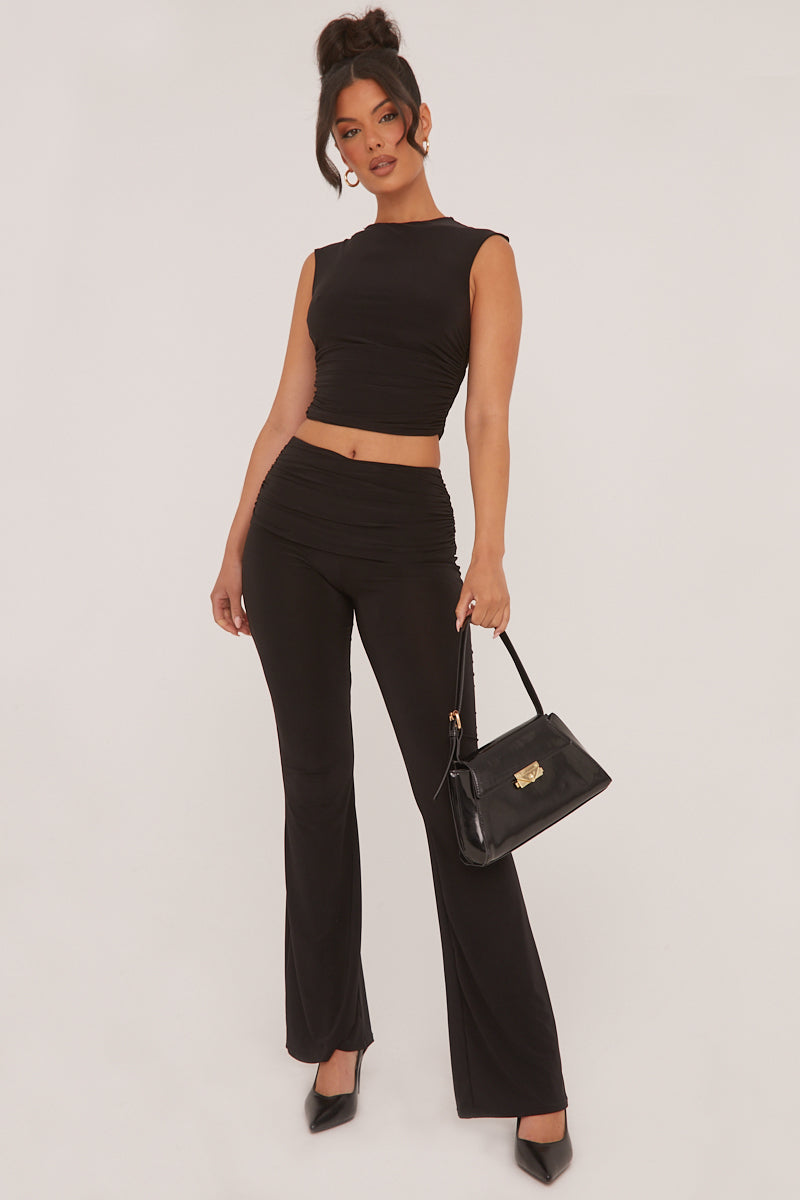 Black Ruched Cropped Top & Trousers Co-ord Set - Edie - Size 6