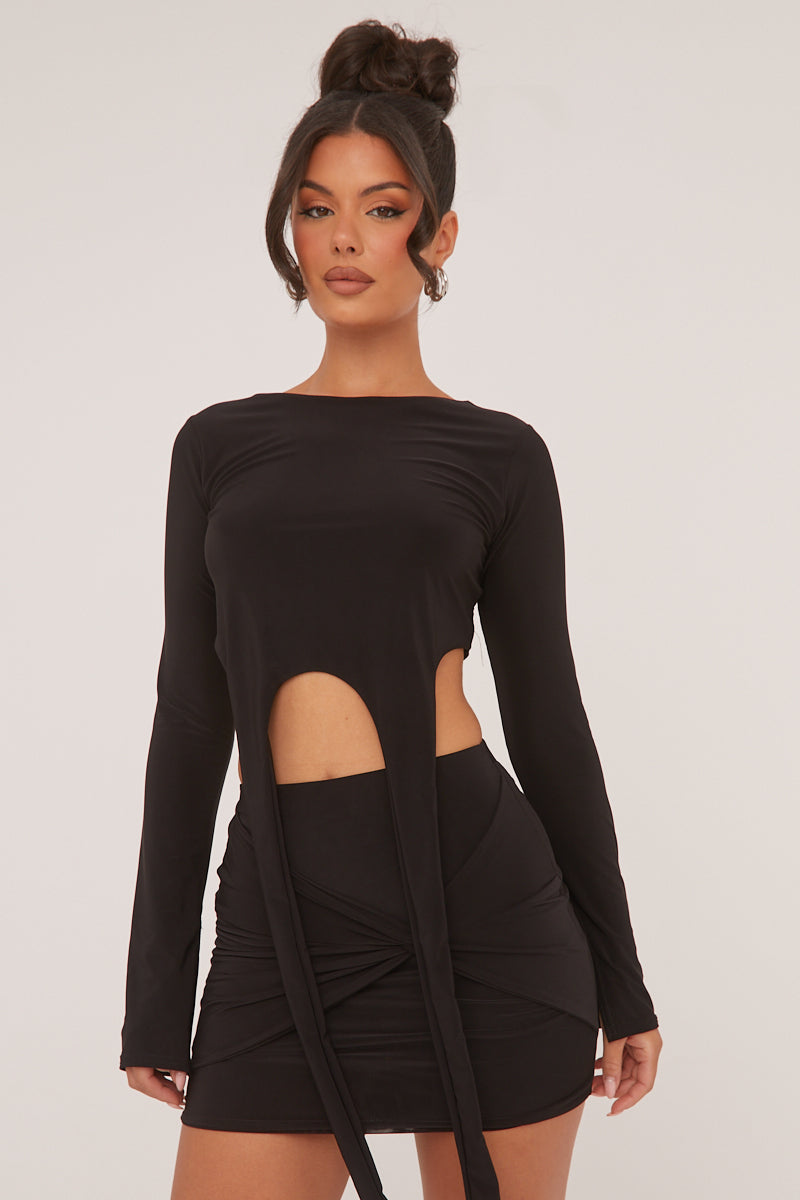 Black Long Sleeve Cropped Top & Twist Detail Mini Skirt Co-ord Set - Lunaa - Size 8
