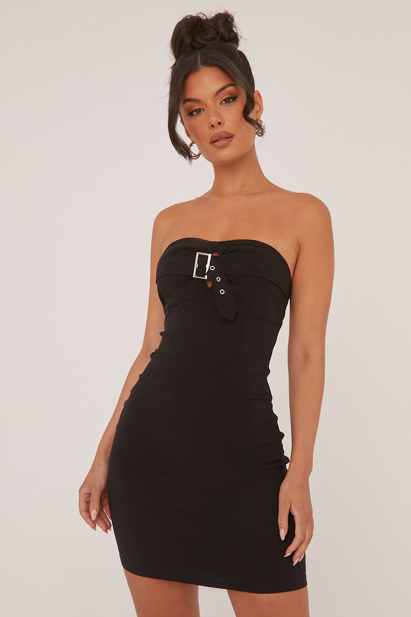 Black Bandeau Belt Detail Bodycon Mini Dress - Anaya - Size 10