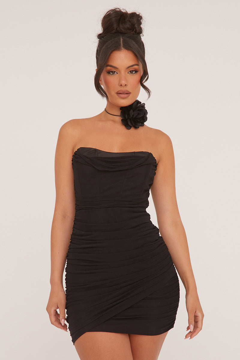 Black Bandeau Ruching Detail Mini Dress - Lupita - Size 8