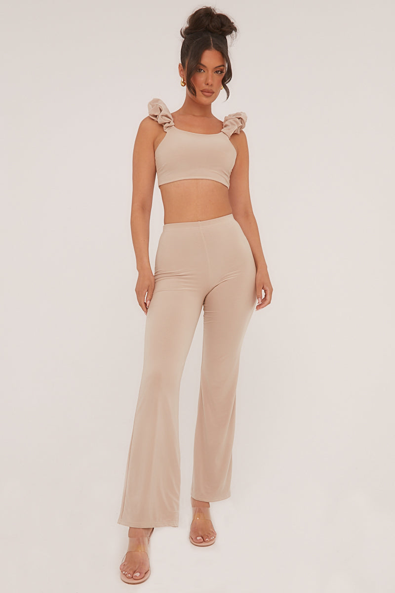 Beige Frill Detail Cropped Top & Wide Leg Trousers Co-ord Set - Sophie - Size 12