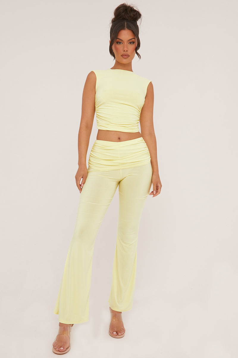 Yellow Ruched Cropped Top & Trousers Co-ord Set - Edie - Size 8