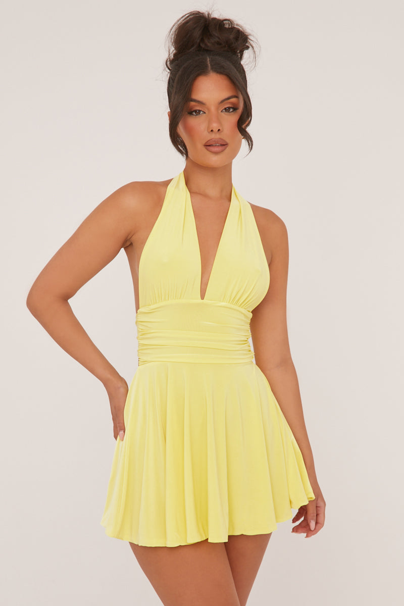 Yellow Halter Plunge Neck Mini Dress - Pippa - Size 6