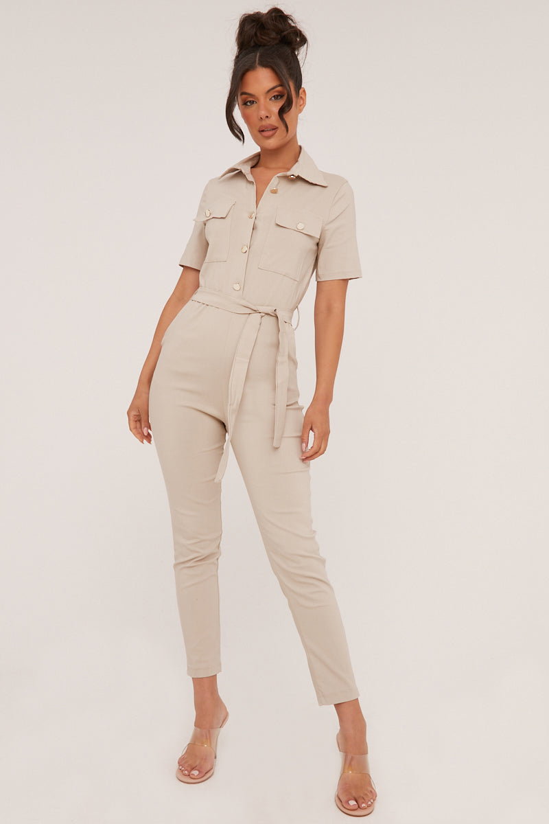 Beige Button Up Front Utility Jumpsuit - Crystal - Size 12