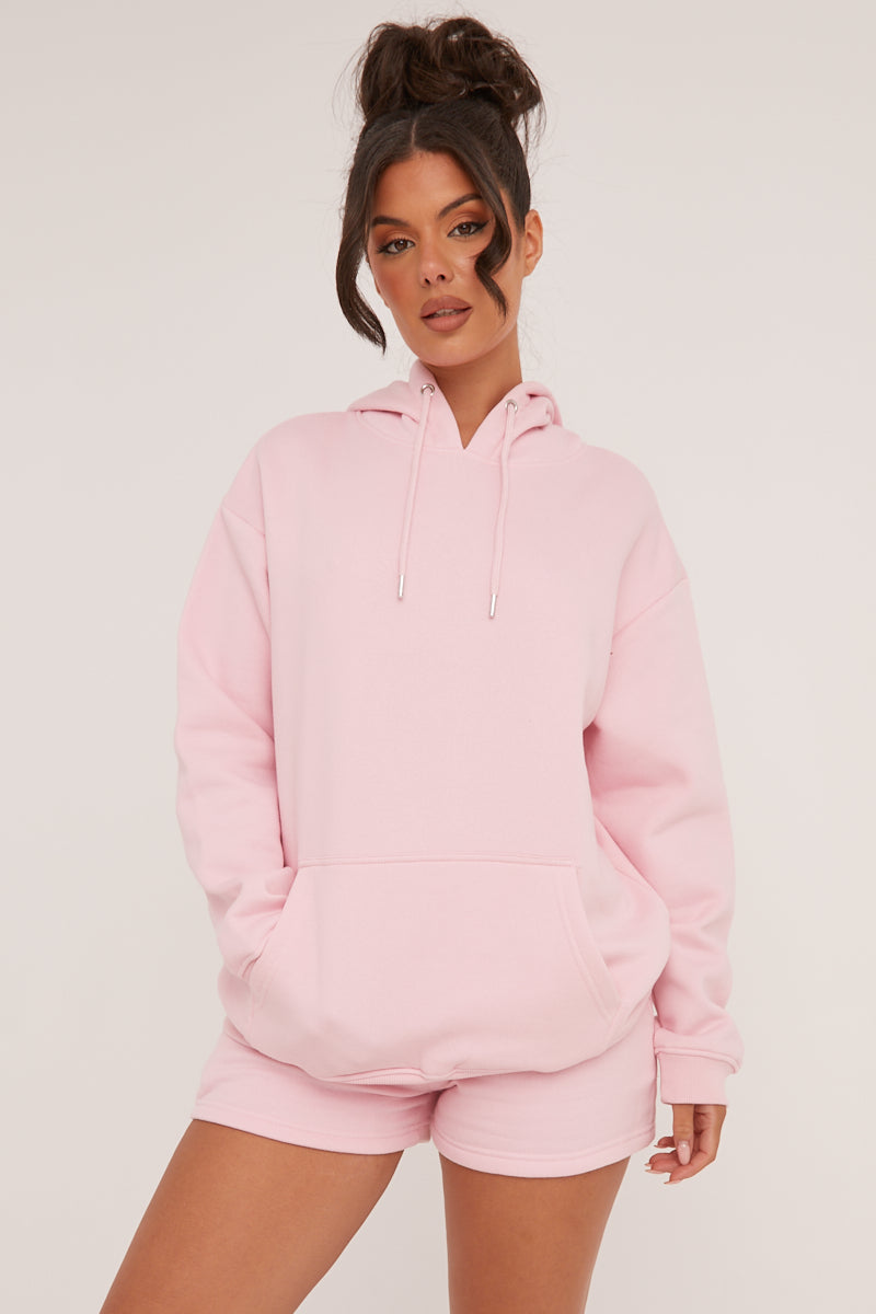 Pink Oversized Hoodie & Shorts Loungewear Co-ord Set - Niva - Size 10/12