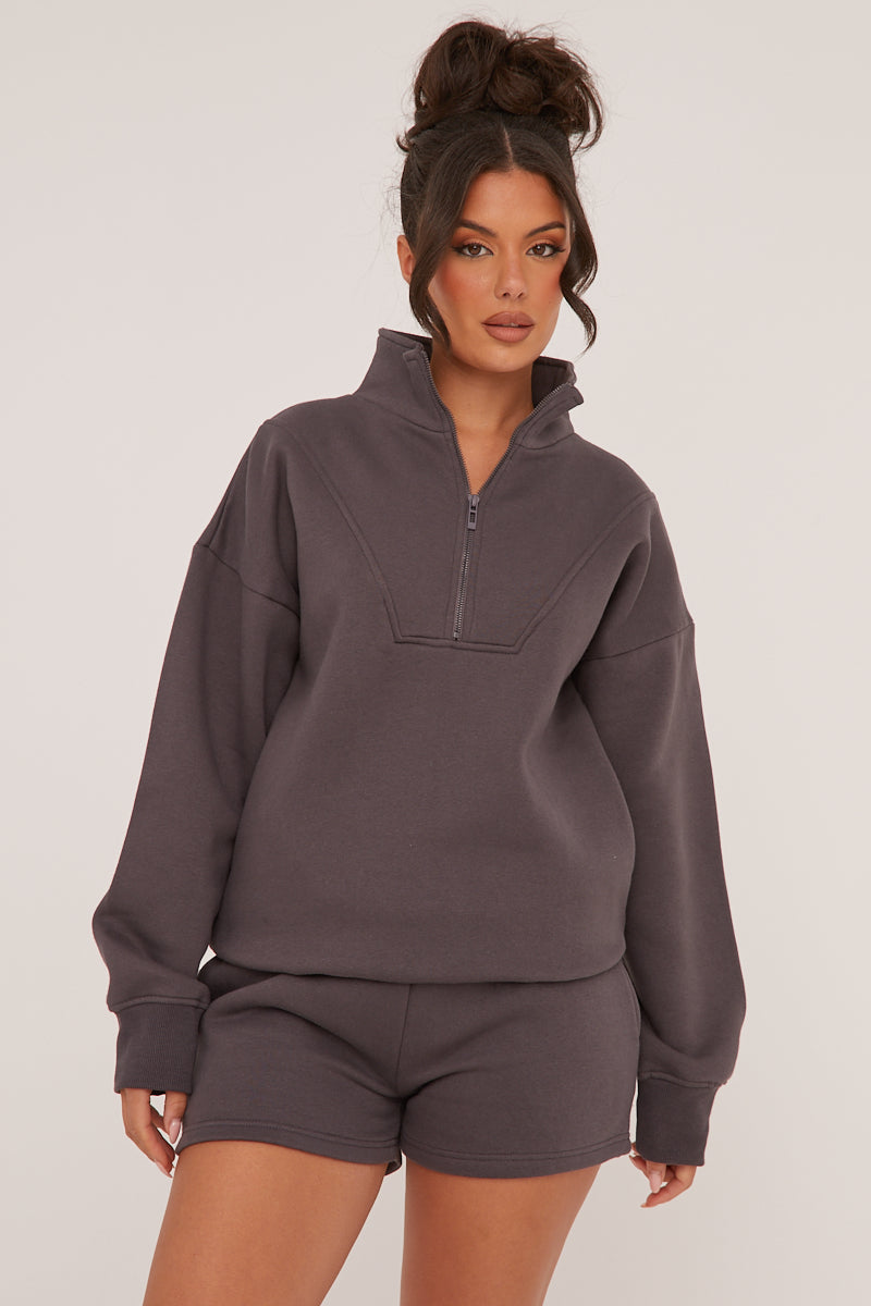 Grey Oversized Zip Front Sweatshirt & Mini Shorts Co-ord Set - Adriana - Size 10/12