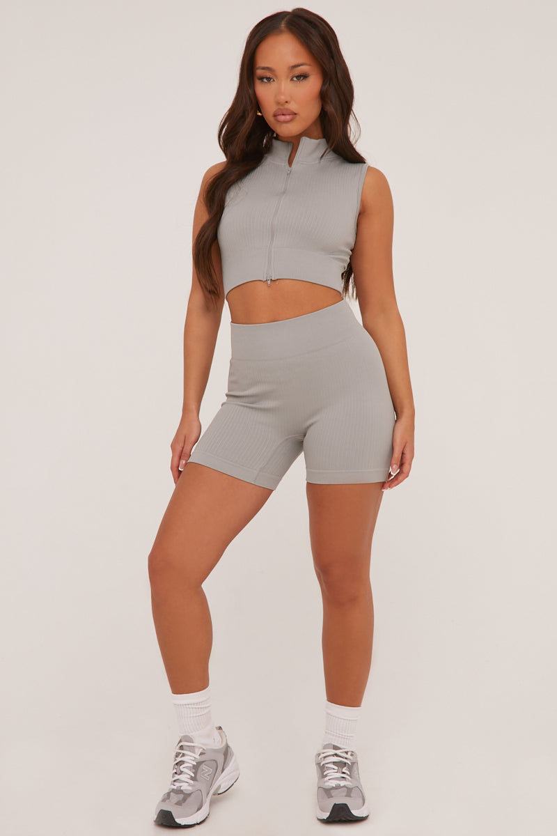 Grey Zip Front Seamless Cropped Top & Shorts Co-ord Set - Chelsea - Size 10/12