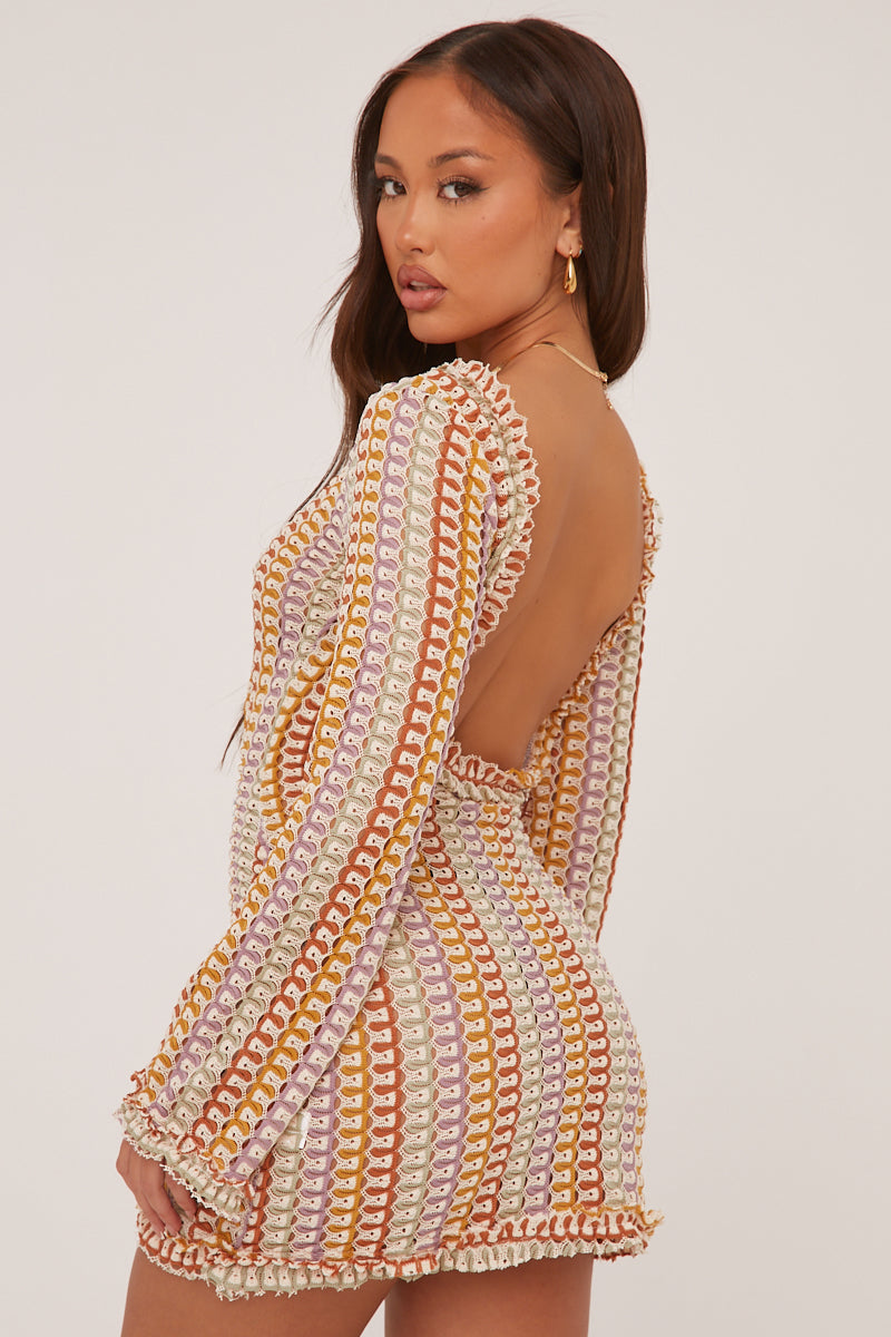Multi Knit Abstract Pattern Backless Mini Dress - Kerina - Size 10