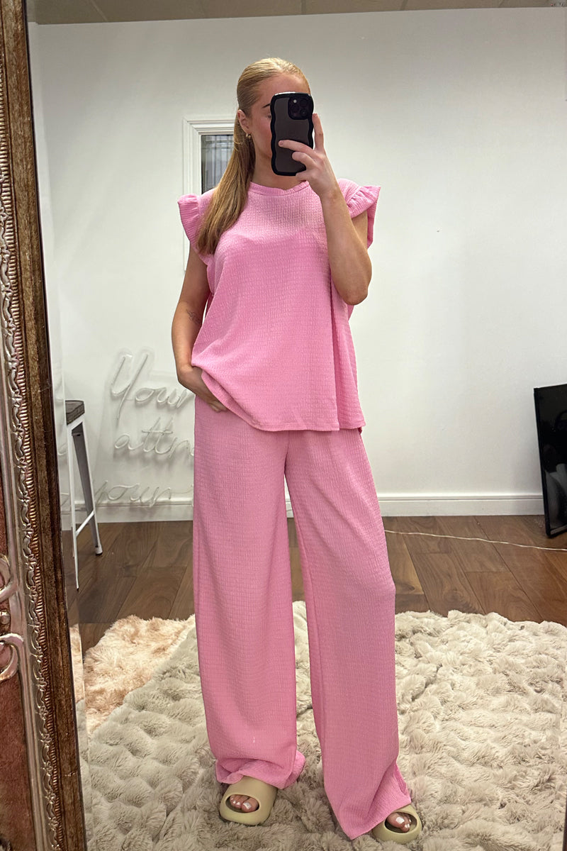 Pink Round Neck Frill Sleeve Top & Straight Leg Trousers Co-ord Set - Ruby - One Size