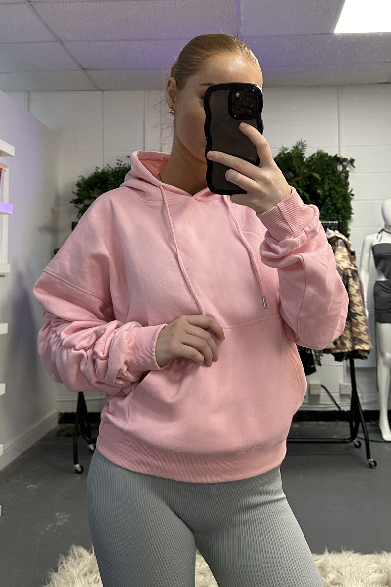 Pink Ruched Sleeve Oversized Hoodie - Lorna - Size 8