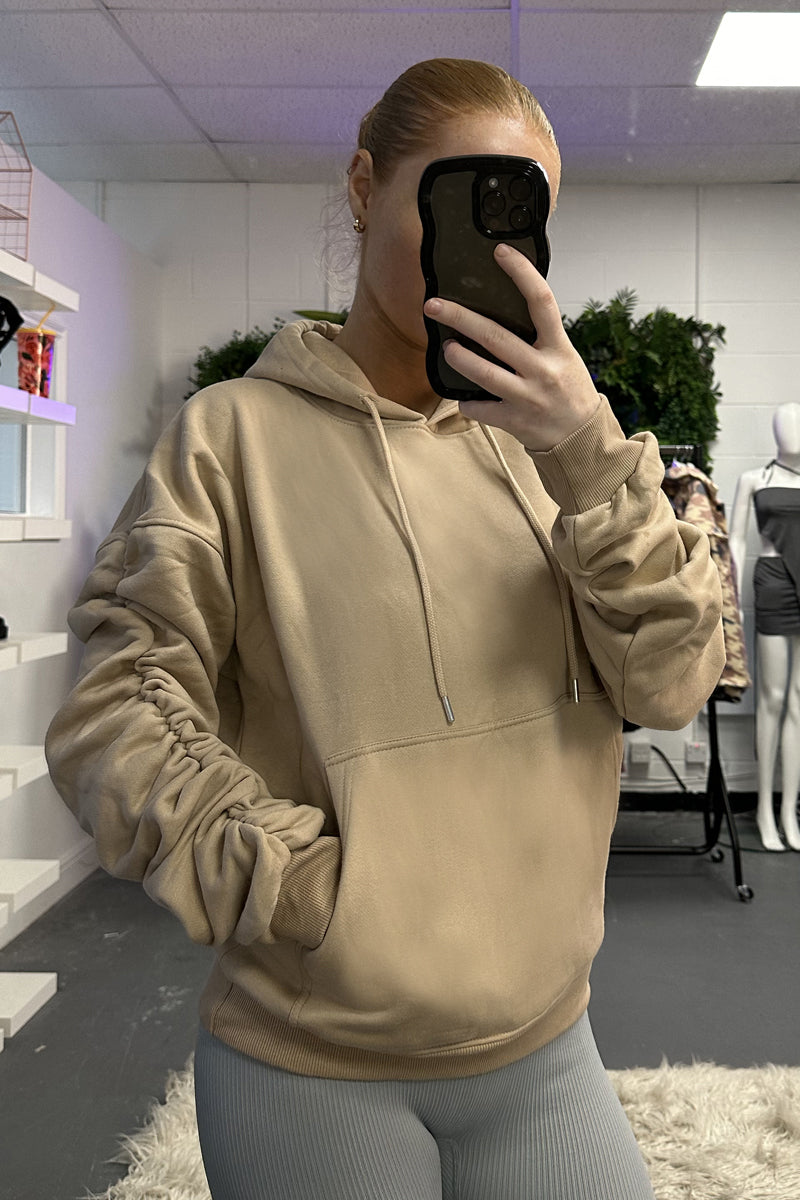 Beige Ruched Sleeve Oversized Hoodie - Lorna - Size 12