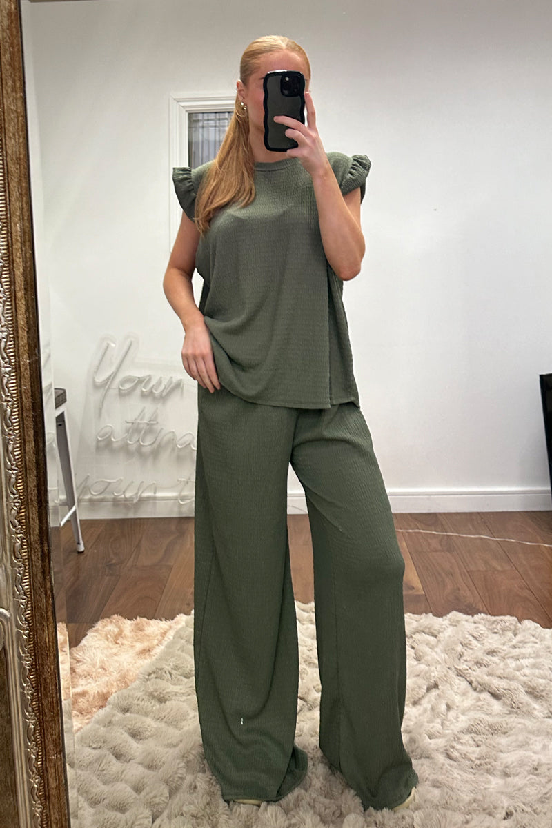 Khaki Round Neck Frill Sleeve Top & Straight Leg Trousers Co-ord Set - Ruby - One Size