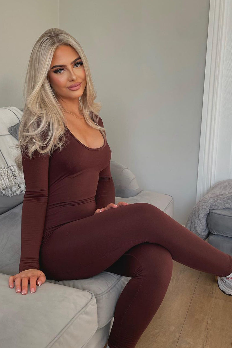 Brown Contour Long Sleeve Jumpsuit - Luana - Size 8