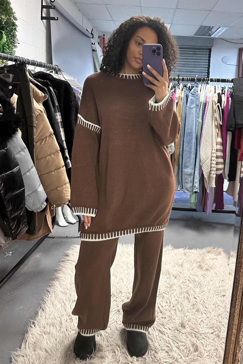Brown Contrast Stitch Knitted Co-ord Set - Storm - One Size