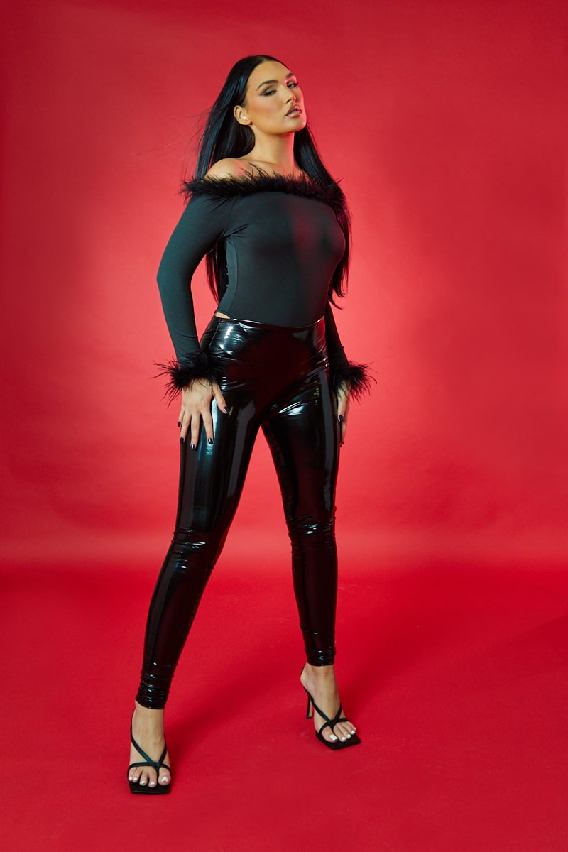Black Fur Trim Bardot Bodysuit - Monalisa - Size 8
