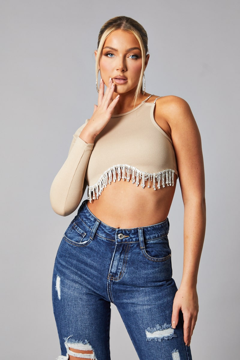 Beige Rib Knit Diamante Detail One Sleeve Cropped Top -- Aina - Size 12