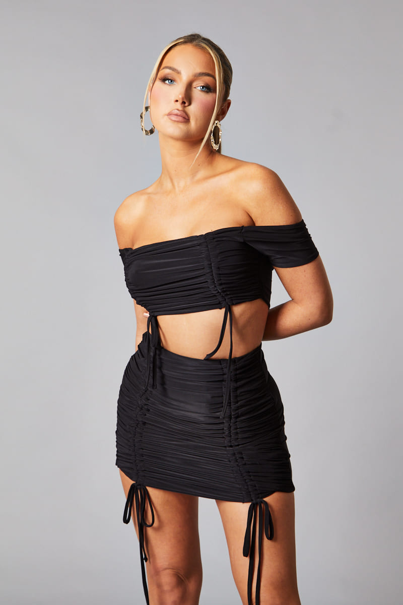 Black Mesh Bandeau Crop Top & Ruched Mini Skirt Set - Haru - Size 10