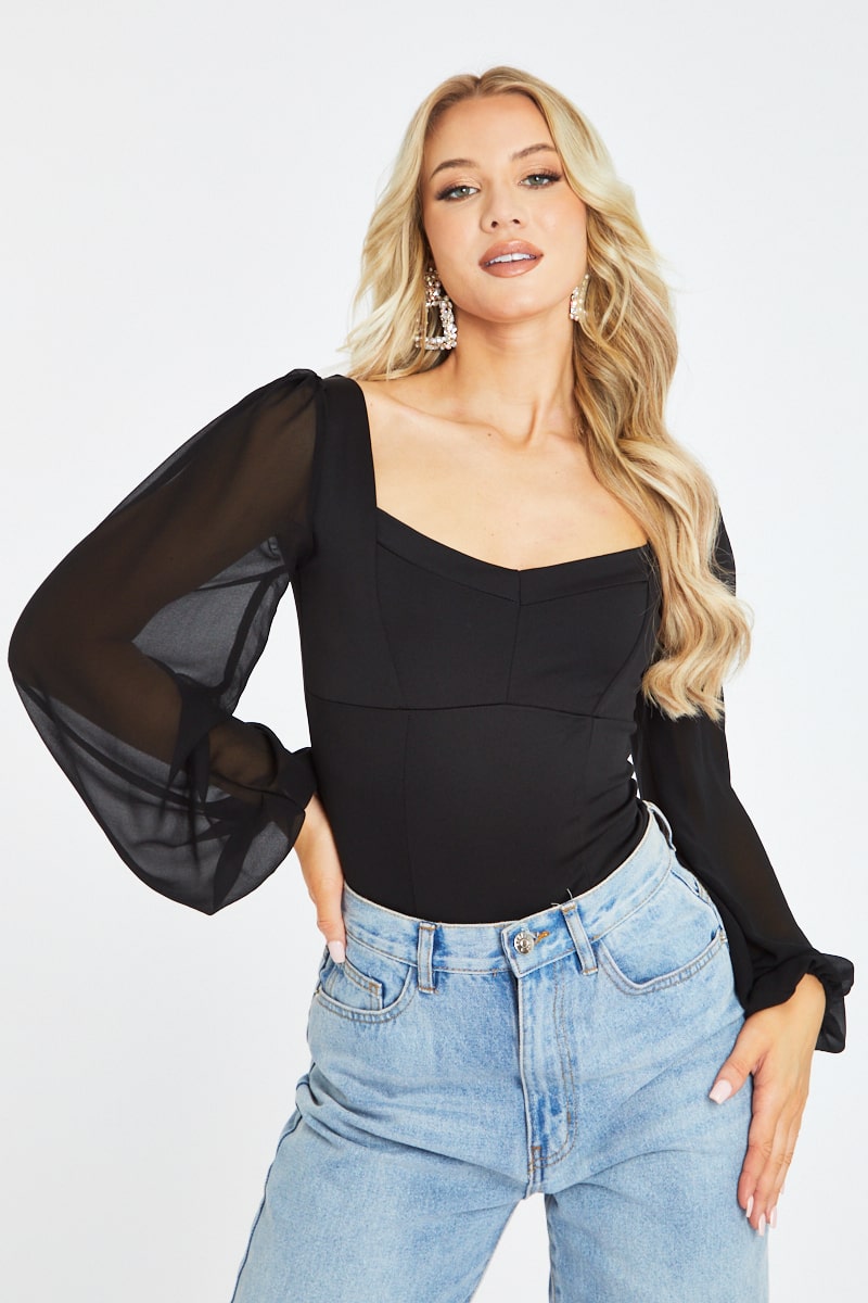 Black Sheer Puffed Sleeve Bodysuit - Victoria - Size 10