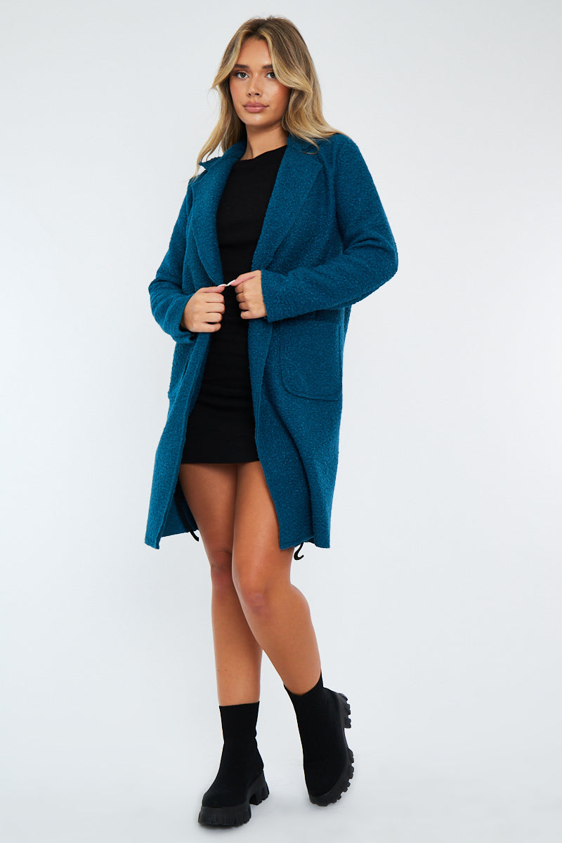 Teal Blue Mid Length Teddy Coat - Madelin - Size O/S