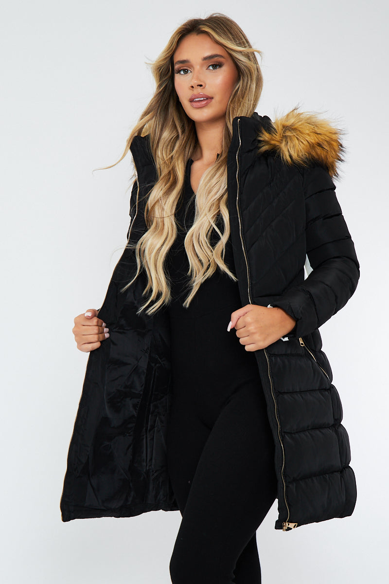 Black Fur Hood Contrast Panel Puffer Coat - Chelsie