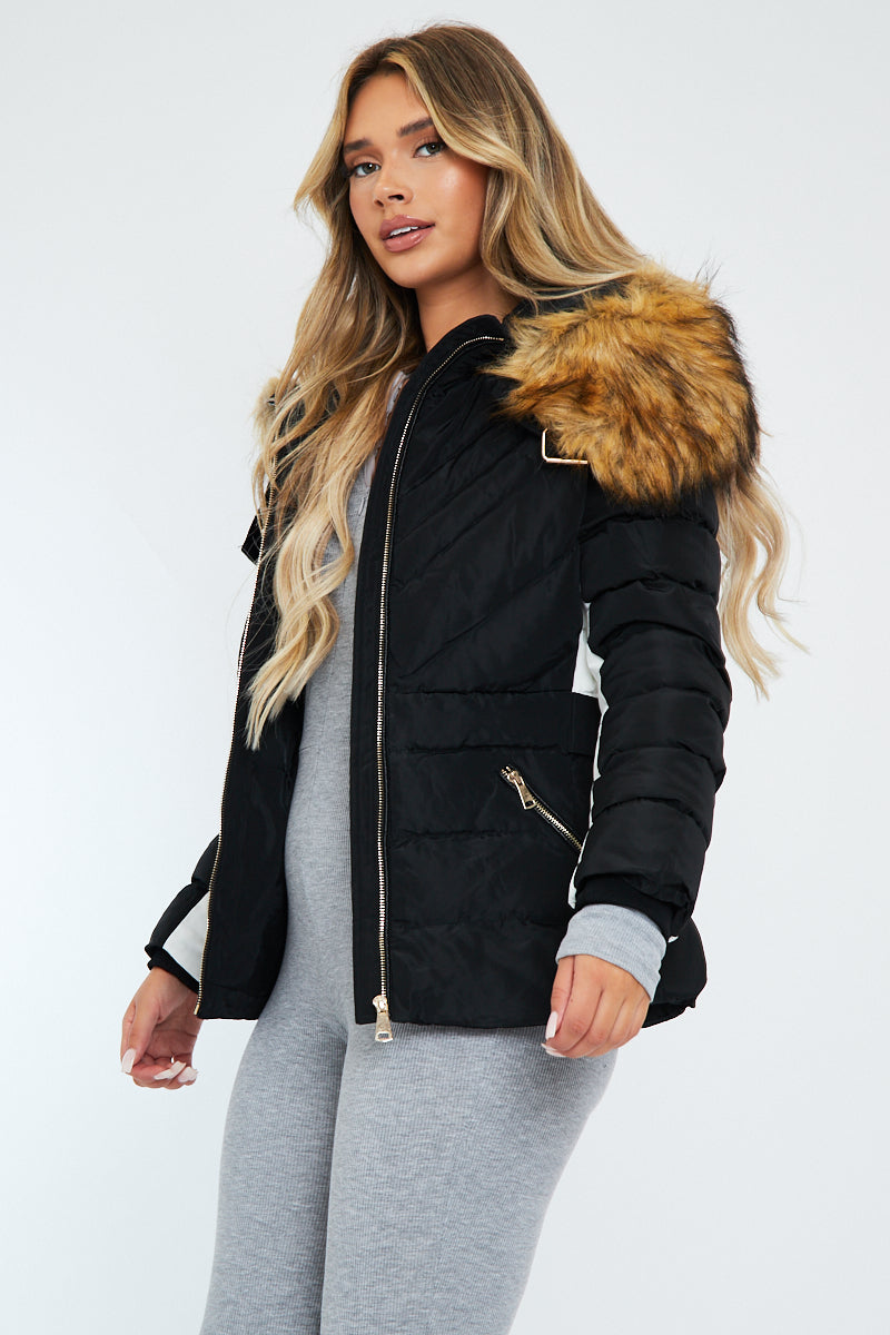 Black Fur Hood Contrast Panel Puffer Jacket - Marloe