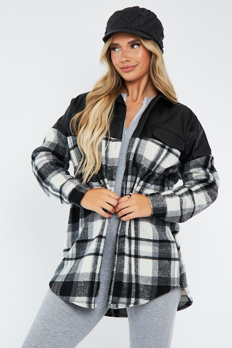 Black Checked Leather Contrast Pocket Front Shacket - Ciana - Size O/S