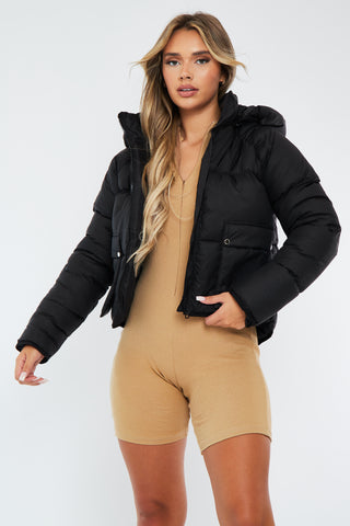 BLACK DROPPED HEM FRONT POCKET PUFFER JACKET - AMELIA