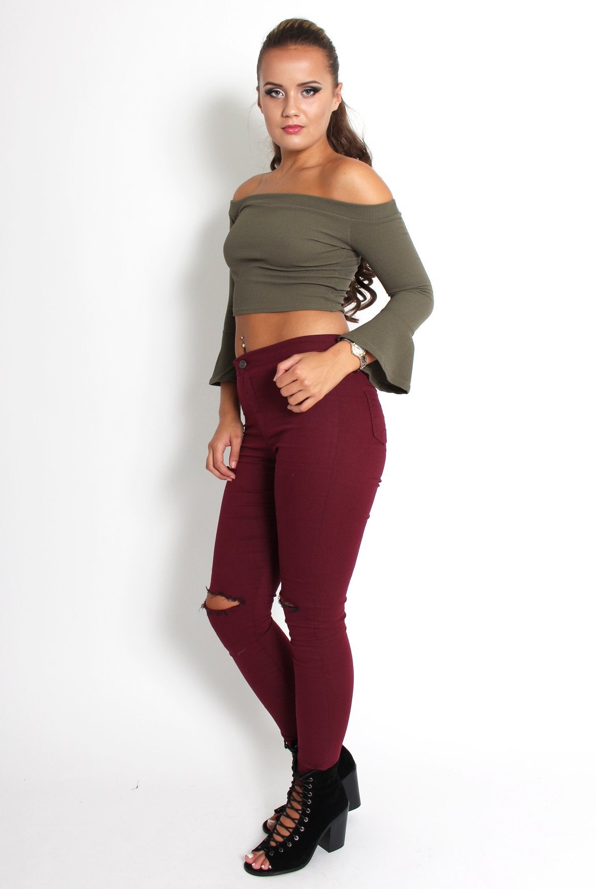 Alby Khaki Off The Shoulder Top