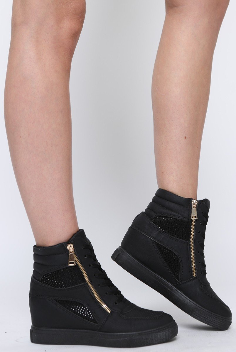 All Black Wedged Diamante Trainers - Adriana