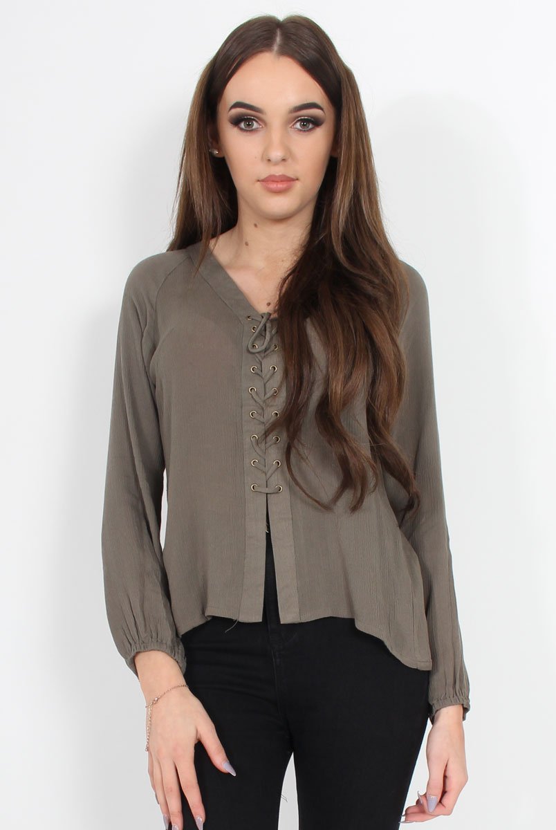 Andrea Grey Long Sleeve Tie Top