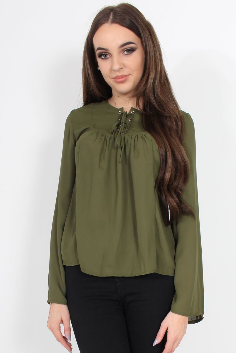 Andrea Khaki Long Sleeve Tie Top