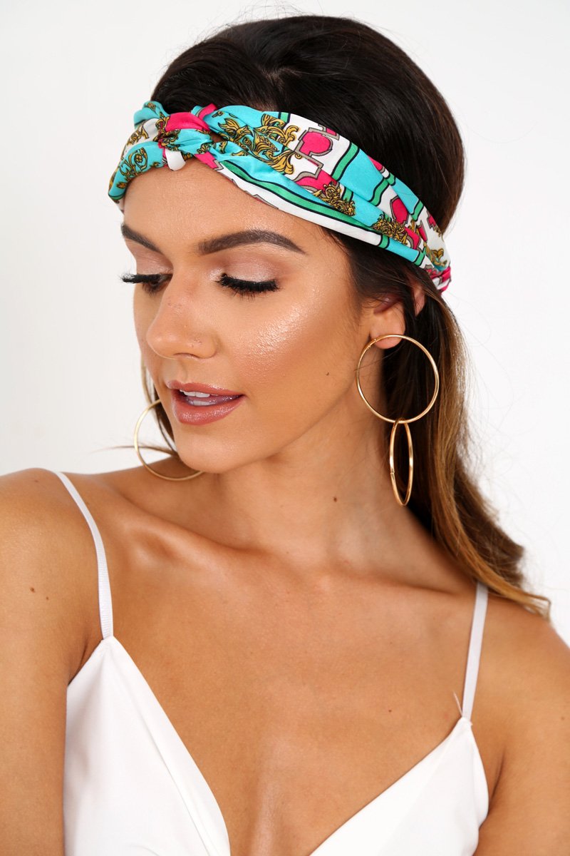 Aqua Printed Knot Front Scarf Headband - River