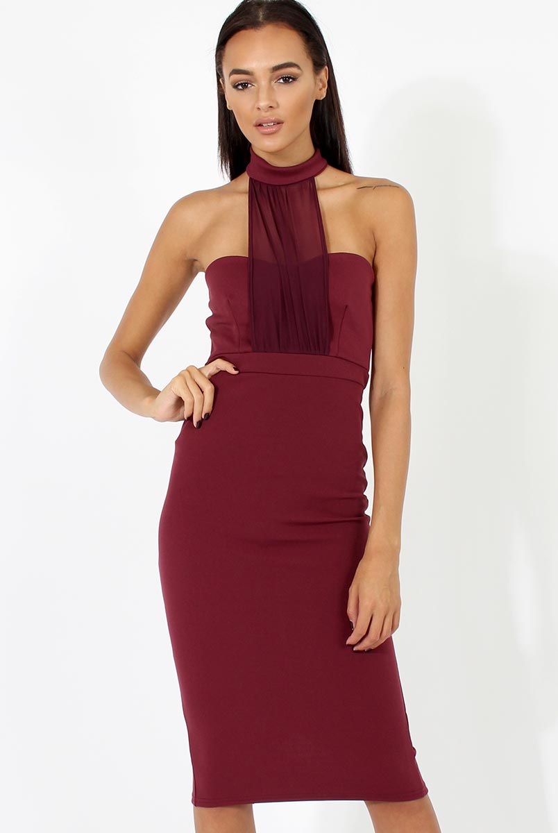 Aubergine Choker Bandeau Mesh Dress - Alva