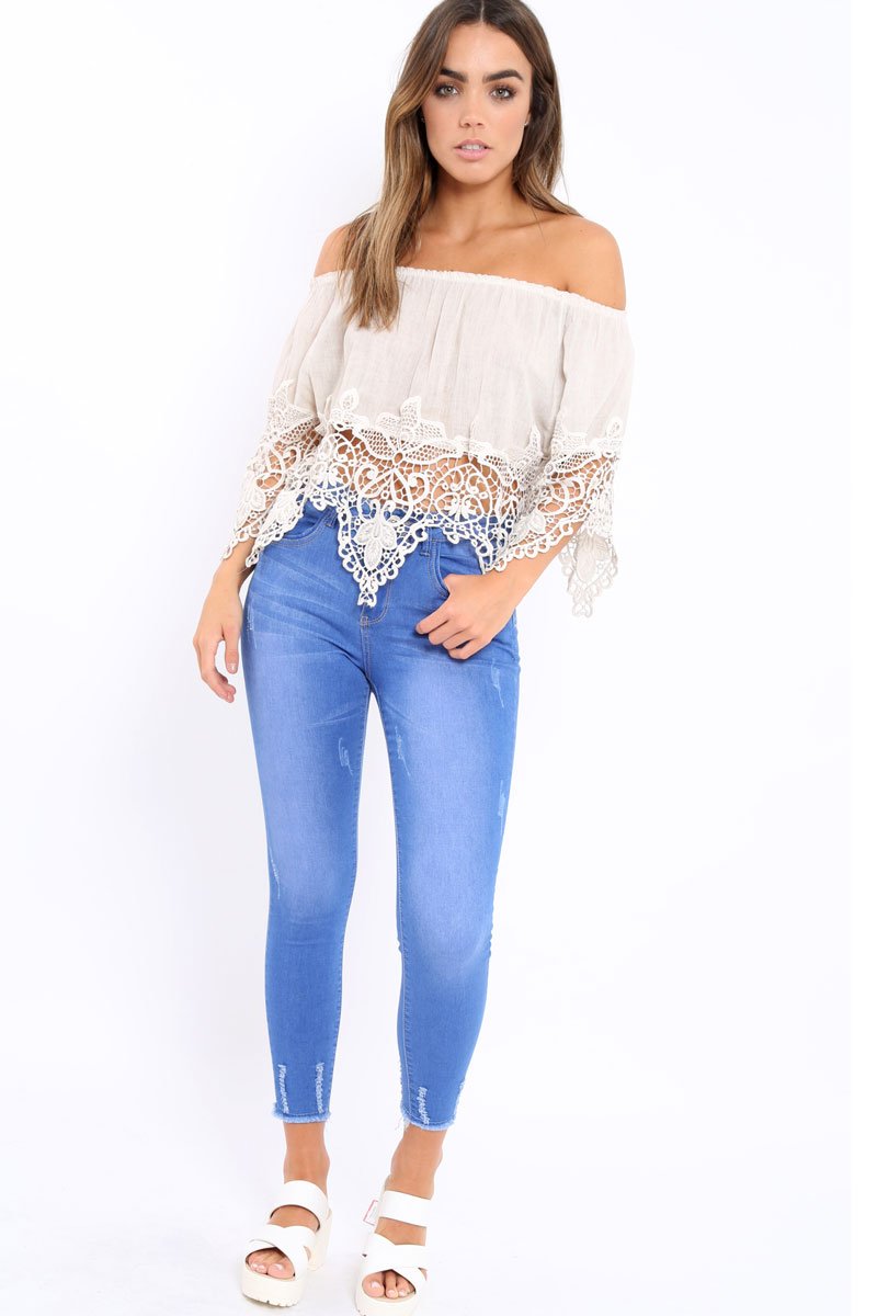 Beige Bardot Crochet Top - Liv