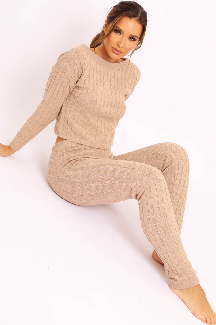 Beige Cable Knit Loungewear Set Anha