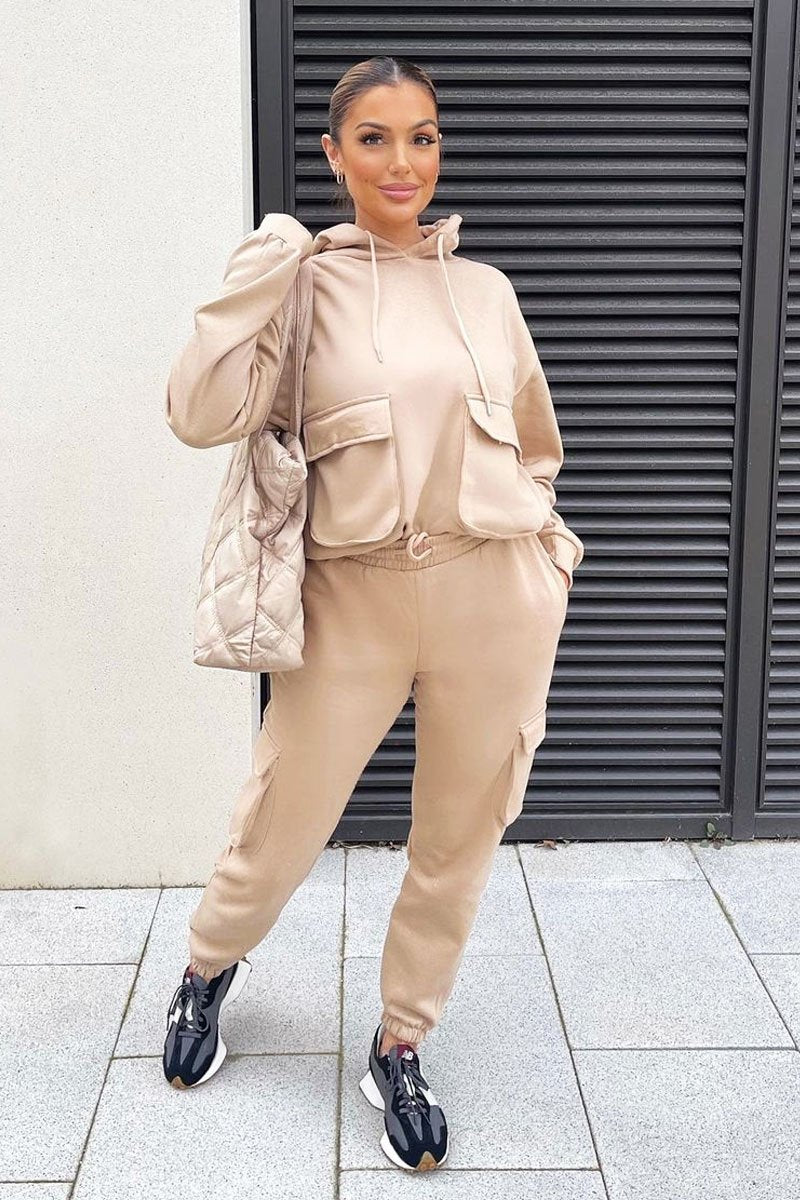 Beige Cargo Pocket Hoodie and Joggers Tracksuit - Aafiya